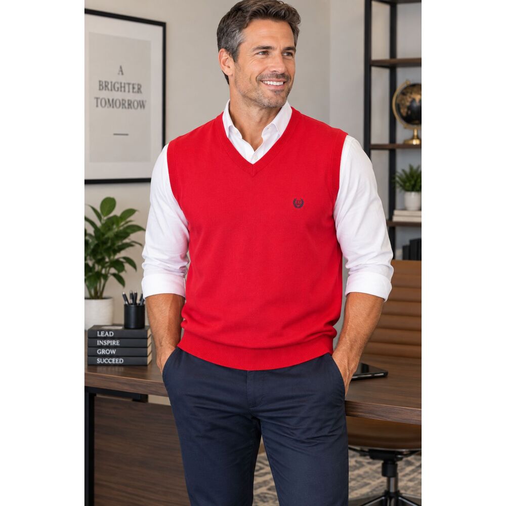 Chaps Mens Size Large Red V-Neck Sweater Vest Embroidered Logo Preppy Classic